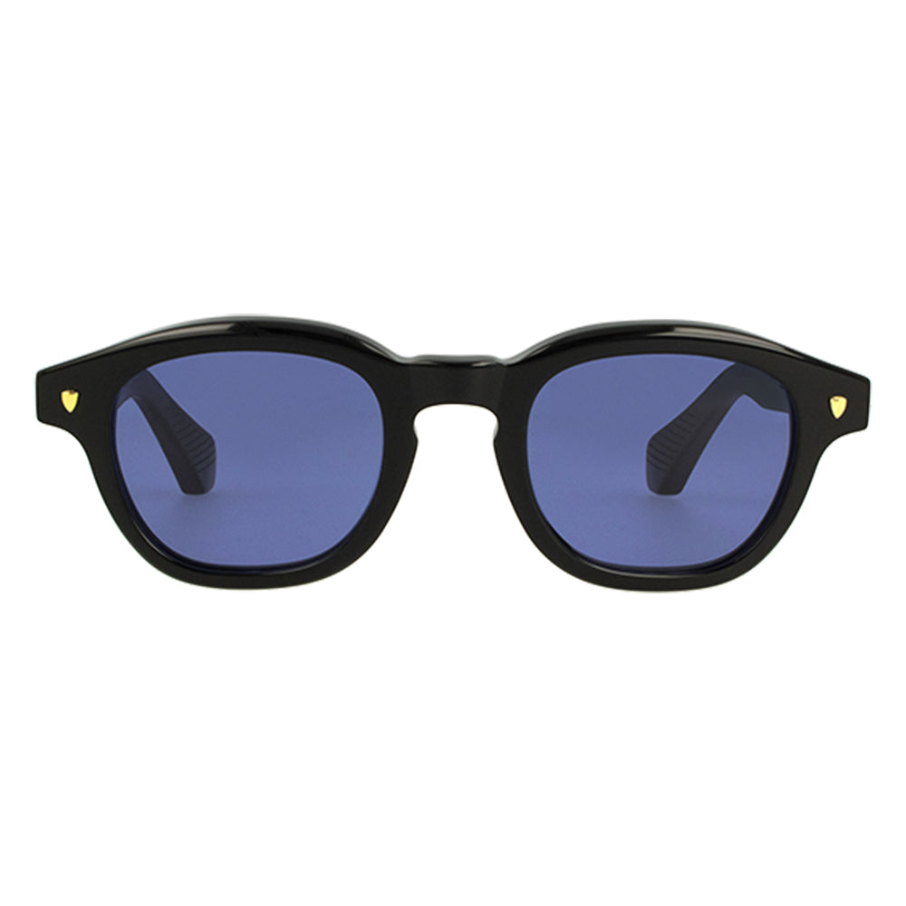occhiali da sole epos otello in acetato nero con lenti blu e' lussuoso e di grande stile per un uomo classico e raffiinato che ama il sartoriale e gli oggetti di alta qualita